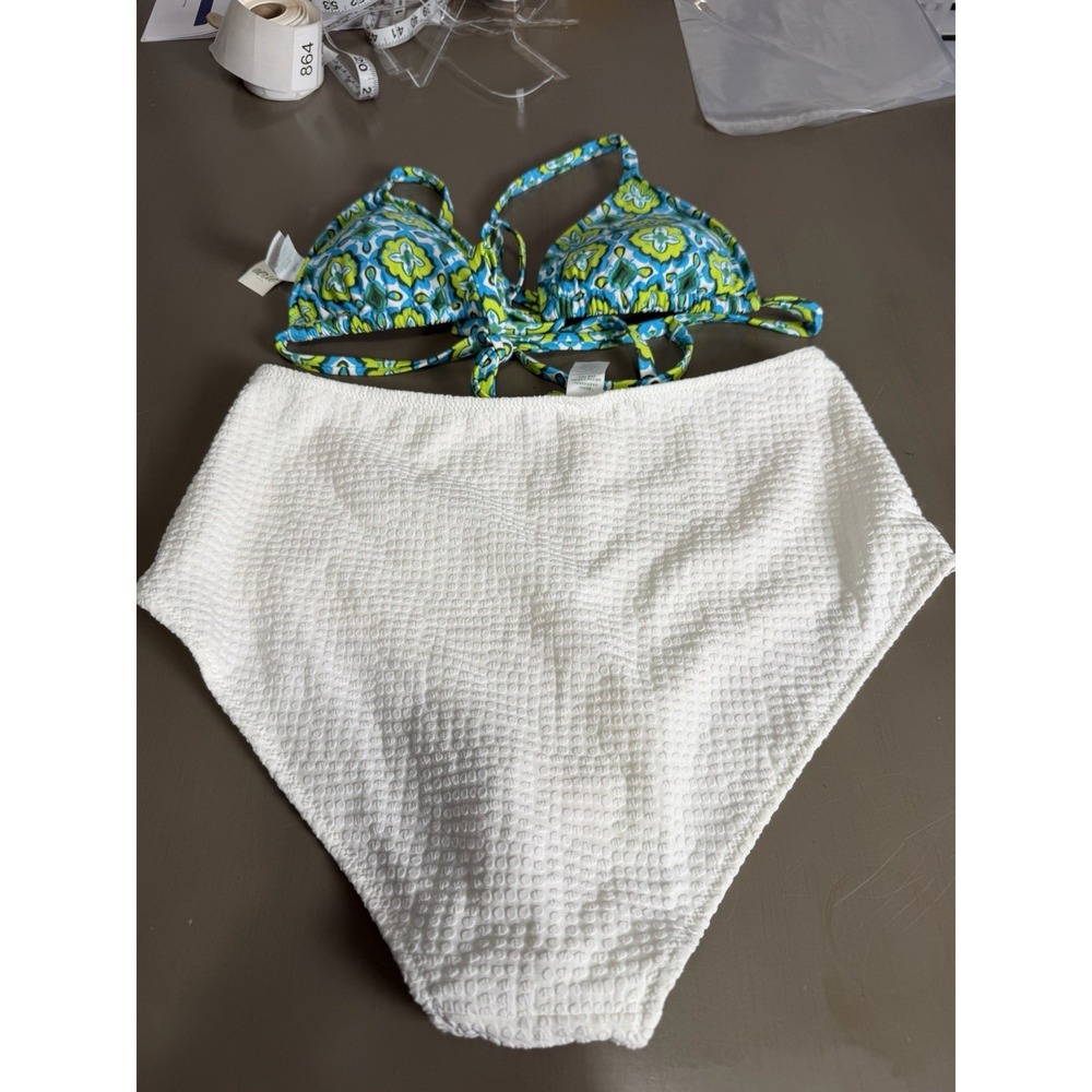 Aerie Swim Bikini Two Piece High Waisted White Bottoms Floral Triangle Top Large - Picture 4 of 10